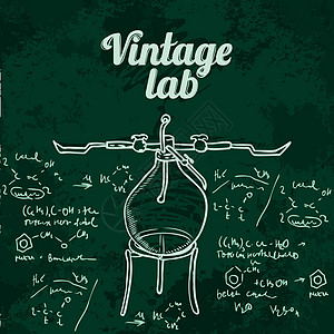 旧化学实验室在深绿色学校董事会上的无缝结构图案教育生物学绘画手绘测试化学品玻璃器皿草图艺术品图片