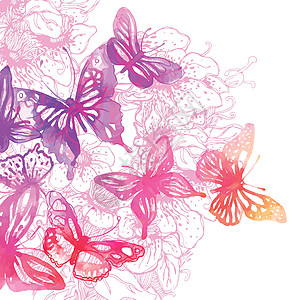 美丽的背景 有蝴蝶和花朵 涂有水彩色土壤天空植物曲线飞行叶子艺术绘画插图鸢尾花图片