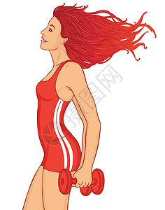 年轻的红发女士用白色隔离的两个红色哑铃锻炼图片