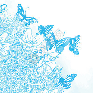 美丽的背景 有蝴蝶和花朵 涂有水彩色天空植物插图叶子绘画鸢尾花植物学曲线飞行艺术图片