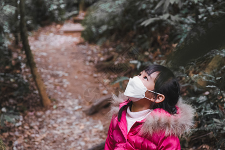 带着背包和家人一起远足的小可爱女孩 孩子仰望树上 身着冬季服装的学龄前儿童探索森林 玩耍和学习大自然闲暇乐趣旅行娱乐幼儿园家庭女图片