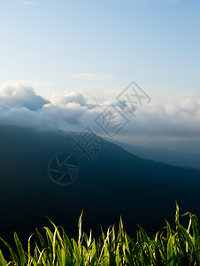 美丽的山地景观和云蓝的天空生态薄雾天气森林季节木头太阳农村土地全景图片
