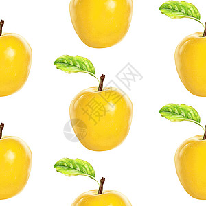 插图现实主义无缝图案水果苹果黄色颜色在白色孤立的背景上生态果汁绘画植物学花园农业水彩食物植物收成图片