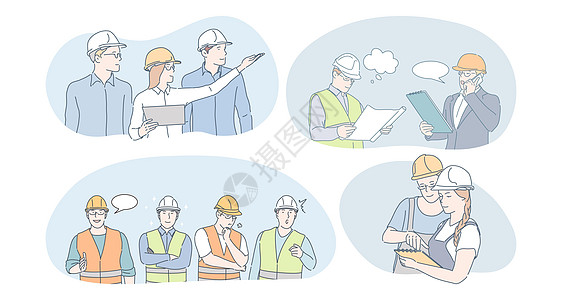 工程和建筑工人概念讨论商业安全同事员工会议蓝图团队合作工作图片