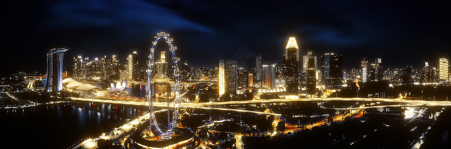 新加坡夜的美丽金色景色 滨海湾的摩天大楼 新加坡景点全景图片