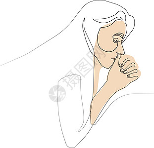 一个女人摸着额头坐在沙发上头痛前额线条疾病女士单线草图一条线中风主义者图片