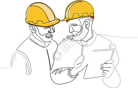 穿戴头盔的连续线绘图工程师木头工具木工单线工作台矢量线条工作工人职场图片