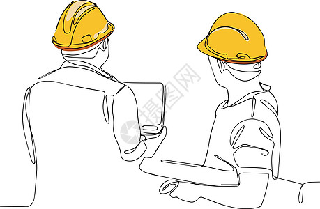 穿戴头盔的连续线绘图工程师工作工匠木板绘画木制品草图工艺职场一条线男人图片