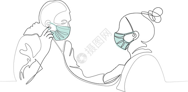 戴医用面罩的医生拿着听诊器咨询药品画线视频夫妻电脑艺术医疗女性药店图片