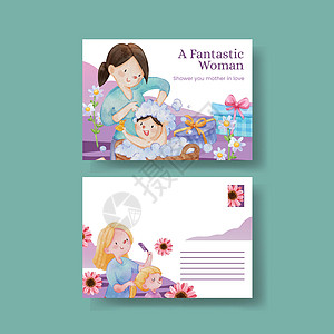 带有爱超妈妈概念的挂卡模板 水色风格家庭邀请函营销孩子母性卡片卡通片女孩妻子女儿图片
