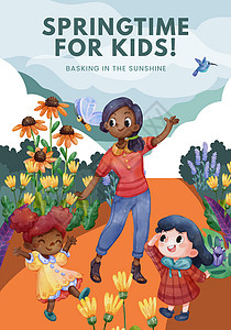 带孩子的海报模板以泉水彩色风格享受花园女孩操场朋友们卡通片公园时间小册子水彩学校图片