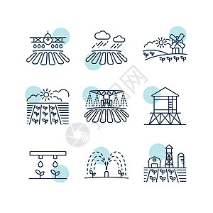农场农田矢量图标 农业灌溉标志收成化学品洒水器下雨喷雾器场地植物幼苗风泵飞机图片