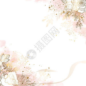 方形金色框架由金色玫瑰花和白色背景上的树枝制成 带有粉红色水彩 方形框架和抽象中的形式极简主义 有花的叶子图片