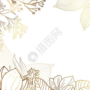 方形金色框架由小花和白色背景上的金色玉兰树枝制成 方形框架和抽象中的形式极简主义 矢量图卡片花园奢华婚礼金子邀请函正方形横幅花朵图片
