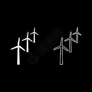 风车清洁能源概念设置图标白色矢量插图图像 固态填充轮形轮廓轮长线细平板风格(SL)图片