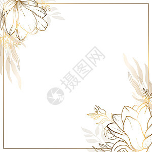 方形金色框架由小花和白色背景上的金色玉兰树枝制成 方形框架和抽象中的形式极简主义 矢量图婚礼植物花园奢华墙纸金子横幅花朵正方形邀图片