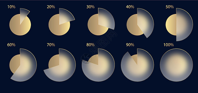 玻璃态射效应 一套透明磨砂亚克力图表图表百分比 黑色蓝色背景上的金色渐变圆圈 逼真的玻璃形态哑光有机玻璃形状 向量背景图片