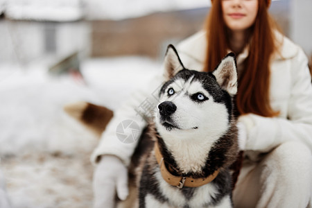带着霍斯基冬季风景的年轻女子走着友谊的新空气猎犬旅行朋友们剧院生态魔法羊毛牛仔裤格子公寓图片