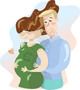 卡通家庭夫妻夫妇 男女孕妇 蓝红和橙色背景被隔离丈夫绿色棕色裙子婴儿母性彩虹怀孕新生拥抱图片