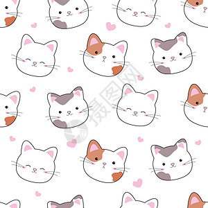白色背景矢量插图中的猫和心的无缝模式猫咪粉色涂鸦墙纸宠物纺织品织物小猫动物乐趣图片