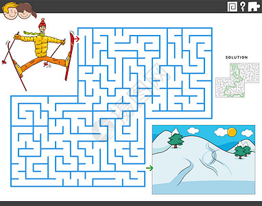 带卡通人物滑雪的迷宫游戏图片