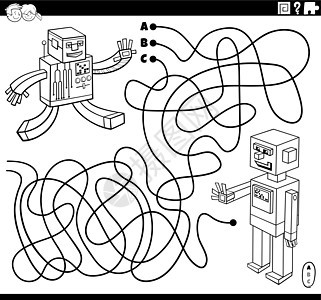 带有卡通机器人字符涂色书页的迷宫游戏图片