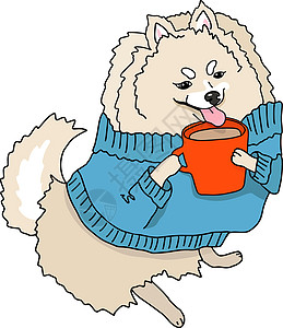 穿蓝毛衣的波美拉尼狗喝杯酒 Spitz拿着红色杯子 矢量插图图片