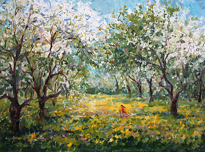 春天开花的苹果园 油画图片