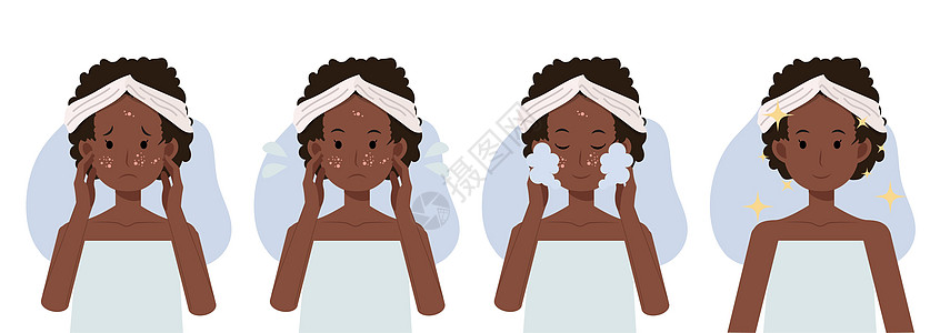 非洲美洲妇女 皮肤护理概念 面部清洗泡沫 前后的阴囊治疗 非洲女性 气球矢量漫画插图图片