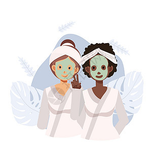 2名脸上戴着粘土面罩的妇女 非洲裔美国人 朋友Spa皮肤护理治疗 气压矢量卡图字形示意图(缩略图)图片