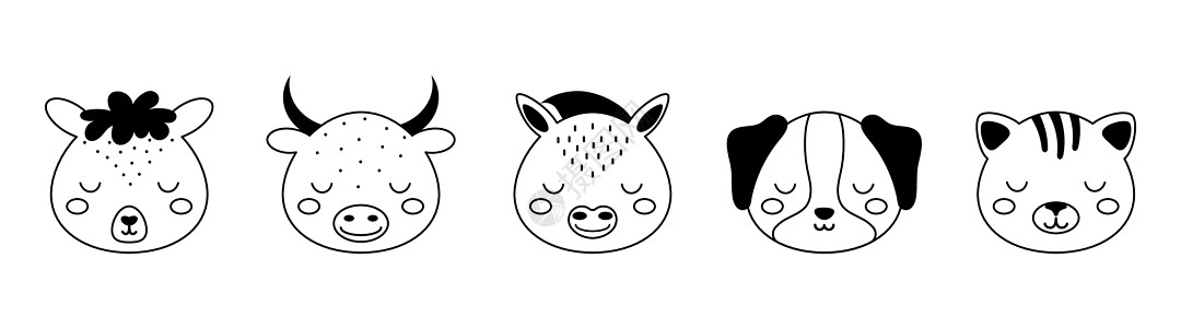 收集斯堪的纳维亚风格的卡通动物面孔 可爱的动物儿童 T 恤 服装 幼儿园装饰 贺卡 黑白羊驼 公牛 驴 狗 猫图片