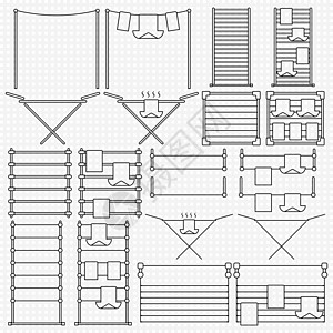 衣服烘干机架 线性轮廓图标设置 干衣的立方体 单向透明矢量插图图片