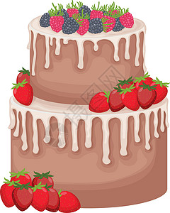 一个大的二层蛋糕 一个大蛋糕 上面浇上奶油 装饰着草莓和草莓 甜点心 孤立在白色背景上的矢量图图片