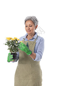 园艺者或有花的花露女花园微笑女士花店生长园丁农业职业围裙栽培图片