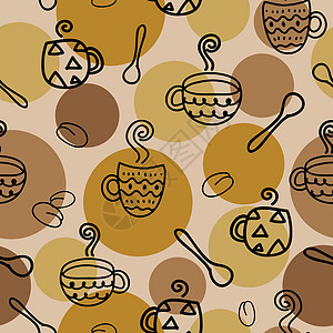 棕色圆圈上带咖啡杯涂鸦的无缝模式图片