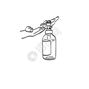 预防冠状病毒的爆发 通过白底线艺术脱钩的用手来说明病媒的情况;清洗剂酒精凝胶擦洗干净的手卫生图片