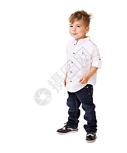 特伦迪小男人 一个可爱的小男孩 在白色背景上摆姿势图片
