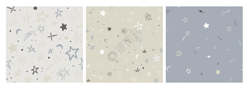 一组矢量空间无缝模式与行星 彗星 星座和恒星 夜空手绘涂鸦天文背景天文学天空纺织品戒指轨道插图宇宙织物艺术卡通片图片