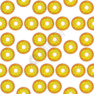 白色孤立背景上的无缝黄甜甜圈模式 软糖甜蜜的顶端视图卡通片糕点水彩配料面包插图庆典生日装饰纺织品图片