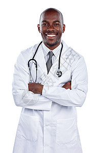 一位男性医生的雕刻肖像 他的手臂在白色背景下折叠着 被切割成白色的身影图片