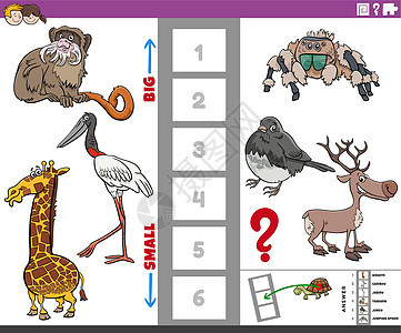 大大小小的卡通动物教育游戏幼儿园学习孩子们解决方案测试闲暇工作簿谜语消遣蜘蛛图片