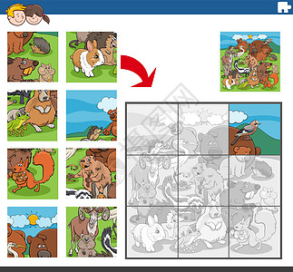 使用卡通野生动物字符的 jigsaw 拼图游戏图片
