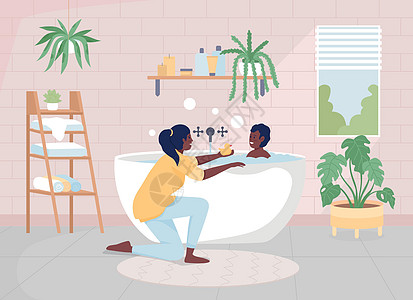 母亲在她儿子家洗澡时用平板彩色矢量插图图片