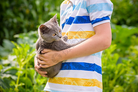 男孩怀着爱抱猫 亲近小猫的肖像图片