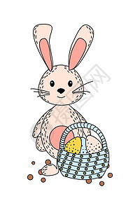 春季复活节插图 兔子和篮子鸡蛋背景图片