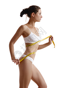 穿着白色内衣测量自己的完美身材的女孩 在白色上孤立地摆姿势 整形外科和美容美容概念 特写健身房腹部皮肤女性磁带塑料组织数字胸部外图片