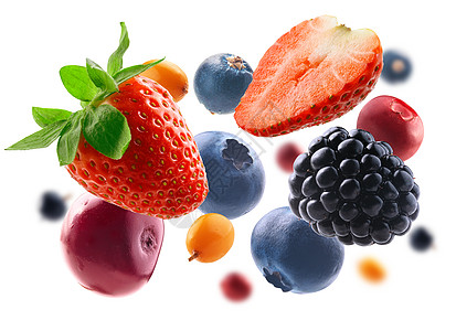 许多不同的浆果 以白色背景的框形形式呈现叶子宏观甜点悬浮团体森林框架营养水果食物图片