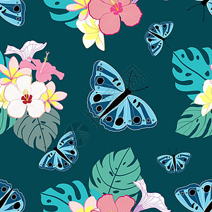 无缝热带模式 有蝴蝶 鲜花和绿色背景叶子的无缝热带模式图片