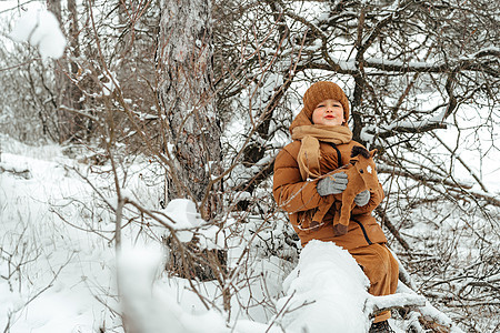 冬天公园或森林里的小男孩男生假期天气喜悦夹克孩子们家庭乐趣孩子快乐图片