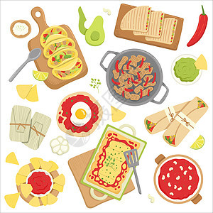 墨西哥食物 配有不同的盘子 矢量图片